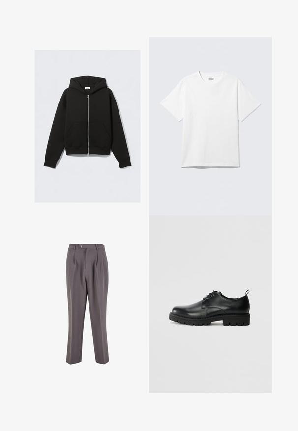 Sweat à capuche noir zippé avec poches avant, manches longues et capuche, posé à plat sur un fond clair.; T-shirt blanc à manches courtes et col rond, étalé à plat, design uni, avec l'étiquette "WEEKDAY" à l'intérieur du col sur un fond clair.; Pantalons plissés gris en tissu lisse, avec une coupe droite, une fermeture à bouton unique et des poches latérales en biais.; Chaussure en cuir noir à bout arrondi, présentant un design à lacets, une semelle en caoutchouc noire robuste et un petit onglet de talon à l'arrière.