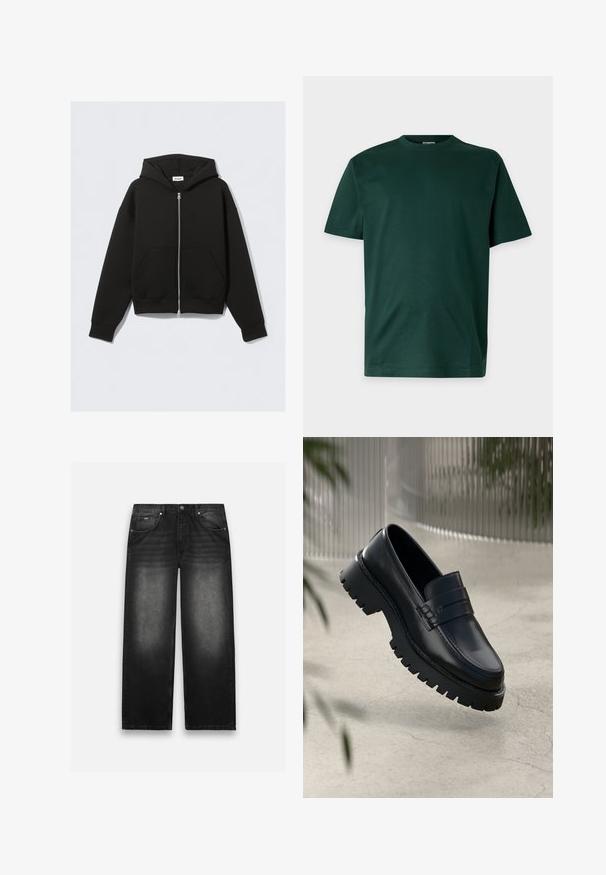 Sort lynlås-hoodie med frontlommer, lange ærmer og hætte, lagt fladt mod en lys baggrund.; Mørkegrøn T-shirt med korte ærmer og rund halsudskæring med et enkelt, ensfarvet design på en hvid baggrund.; Sorte denim jeans med bred bendesign. Har fem lommer, let falmning og solid syning. Knaphul- og lynlås-lukning.; Sorte læder loafers med en chunky sål, der har en dekorativ rem og syninger. Glat tekstur med en poleret overflade.