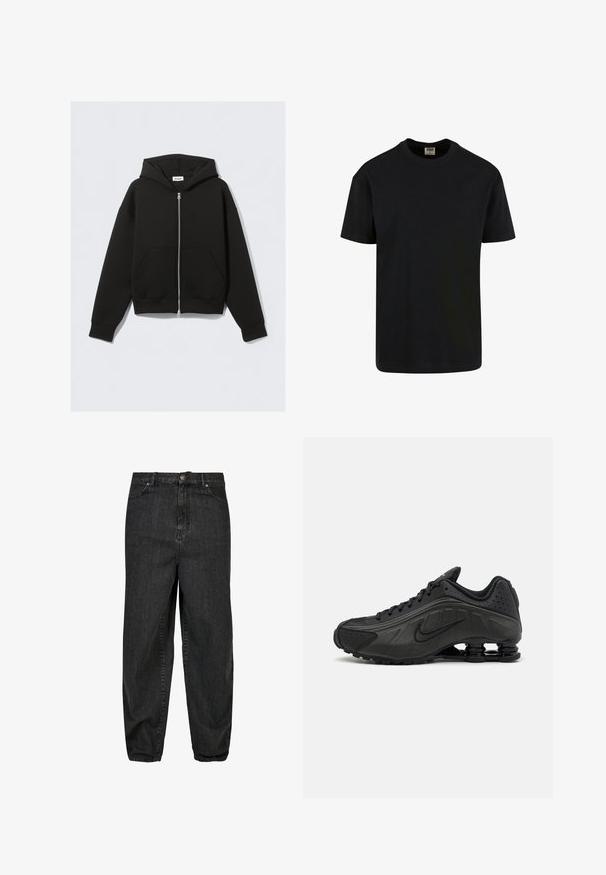 Must musta lukuga pusaga, millel on ees taskud, pikad varrukad ja kapuuts, asetatud tasaselt heledale taustale.; Urban Classics SHORTSLEEVE - Lihtne T-särk - black; Mustad denim püksid relaxed fit lõikega, eesnupu sulgemisega, viie taskuga ja kangale on lisatud peene närbumise detailid.; Mustad mustat jooksujalad, millel on sile sünteetiline ülemus, perforatsioonid, tekstureeritud külgpaneelid ja eristuv elastne tall.