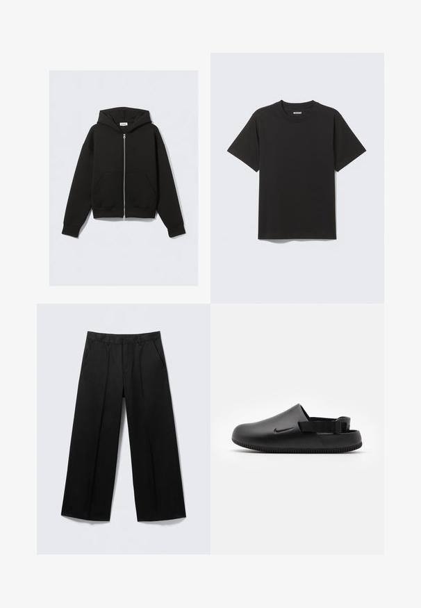 Sweat à capuche noir zippé avec poches avant, manches longues et capuche, posé à plat sur un fond clair.; T-shirt en coton noir uni à manches courtes, col rond et étiquette de marque "WEEKDAY" à l'intérieur du col sur un fond gris clair.; Pantalon large noir avec passants pour ceinture, poches avant et fermeture éclair, présenté sur un fond gris clair.; Sabots noirs moulés avec une texture lisse, une sangle à l'arrière pour la stabilité et une semelle à rainures pour l'adhérence. Présente un petit logo sur le côté.