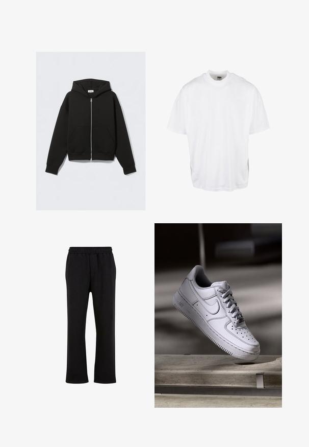 Schwarzer Kapuzenpullover mit Reißverschluss, Fronttaschen, langen Ärmeln und Kapuze, flach auf einem hellen Hintergrund liegend.; Weißes Baumwoll-T-Shirt mit lockerer Passform, kurzen Ärmeln und rundem Halsausschnitt, mit geradem Saum und ohne sichtbare Grafiken oder Muster.; Urban Classics Jogginghose - black; Weißer Nike Air Force 1 Sneaker aus Leder mit perforierter Zehenpartie, flachen Schnürsenkeln und strukturierter Gummisohle mit "AIR"-Branding an der Seite.