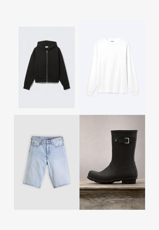 Sort lynlås-hoodie med frontlommer, lange ærmer og hætte, lagt fladt mod en lys baggrund.; Langærmet plain hvid skjorte med rund hals og ribkantede manchetter, vist på en neutral lys baggrund.; Lyseblå denimshorts med frontknap og lynlås, bæltestropper og femlomme-design lagt fladt på en hvid baggrund.; Sorte gummistøvler med lav hæl, rund tå og en sølv spændeaccent. Har en tekstureret sål for godt fodfæste.