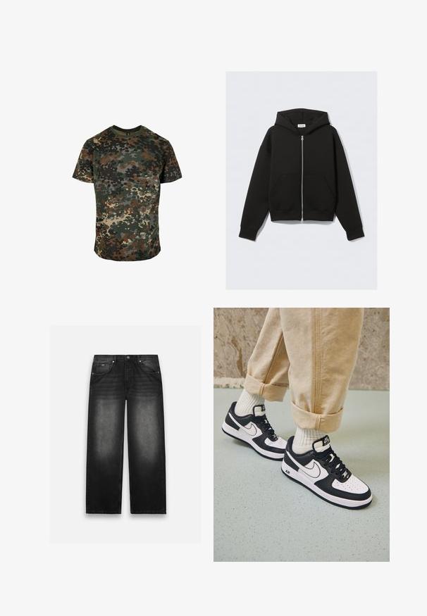 Sudadera con capucha negra con cremallera, bolsillos delanteros, mangas largas y capucha, extendida sobre un fondo claro.; Camiseta de camuflaje hecha de algodón, con un estampado multicolor en verde, marrón y negro. Cuello redondo y mangas cortas.; Jeans de denim negro con un diseño de pierna ancha. Cuenta con cinco bolsillos, ligero desvanecimiento y costuras resistentes. Cierre de botón y cremallera.; Zapatillas Nike Air Force 1 en blanco y negro con parte superior de cuero, puntera perforada y detalle de suela texturizada, combinadas con pantalones beiges remangados y calcetines blancos.