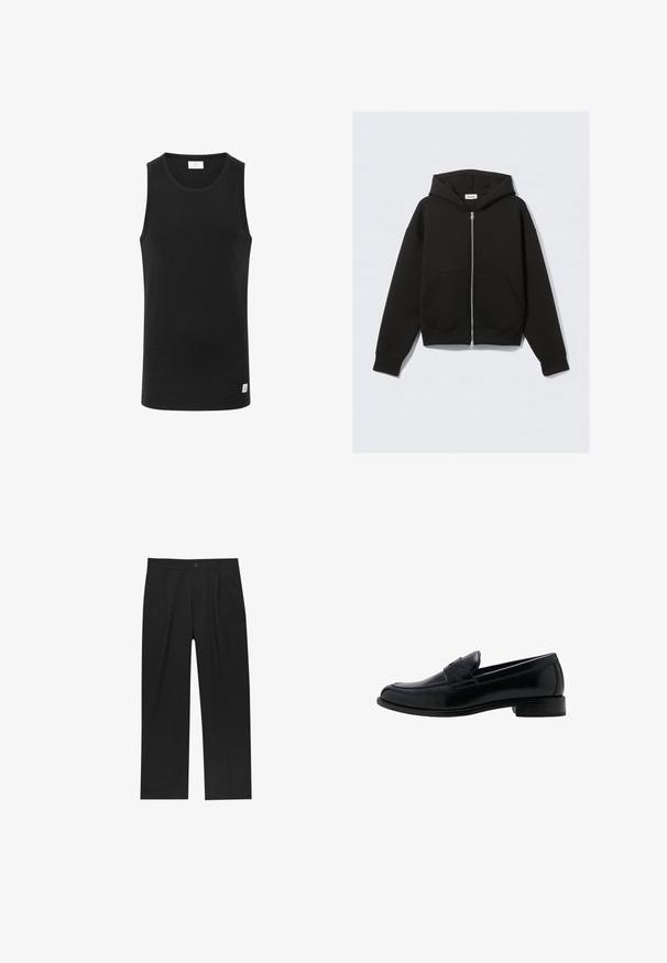Zwarte zip-up hoodie met voorzakken, lange mouwen en een capuchon, platliggend tegen een lichte achtergrond.; Zwarte mouwloze tanktop van ribstof, met een ronde halslijn en een klein logolabel aan de zoom. Eenvoudig, getailleerd ontwerp.; Zwarte broeken met een recht model, gemaakt van een gladde stof. Voorzien van een voorplooien en een enkele knoopsluiting bij de taille.; Zwarte leren loafer met lage hak, ronde neus en klassieke penny-strap detail op de wreef.