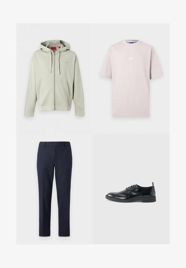 Sudadera con capucha gris claro con cremallera, bolsillos delanteros, capucha con cordón, puños acanalados y logo de marca sutil en el pecho.; Camiseta oversize de color beige claro con mangas cortas y un pequeño logo "HUGO" centrado en el pecho sobre un fondo liso.; Pantalones de marina hechos de una tela suave, con un corte recto, presillas para cinturón y un cierre de botón único en la cintura.; Zapato de vestir negro de cuero brillante con tacón bajo, cierre de cordones y puntera redonda, mostrado de lado sobre un fondo claro y liso.