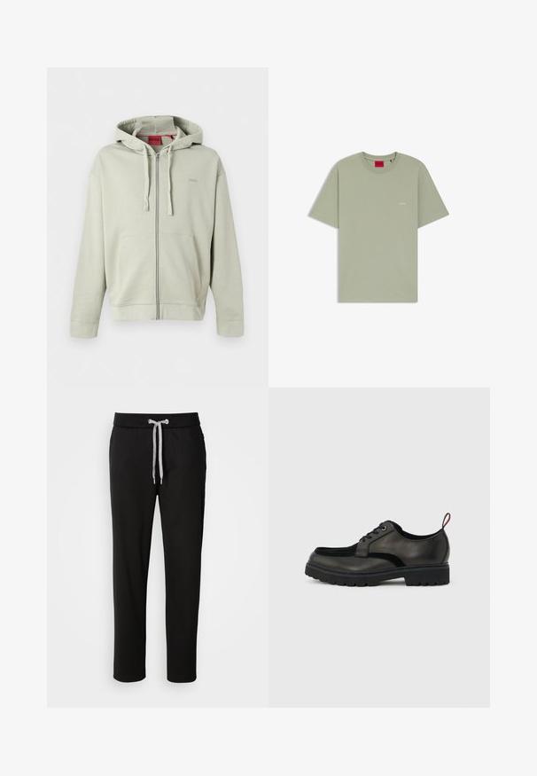 Lysegrå hættetrøje med lynlås, frontlommer, snørejusterbar hætte, ribkant ved ærmerne og subtilt mærkelogo på brystet.; Lysegrøn T-shirt med korte ærmer og rund halsudskæring, med lille hvidt "HUGO"-logo på brystet og rød indvendig nakkemærkat.; Sorte sweatpants lavet af blødt stof, med elastisk talje med snor og sidelommer. Casual design med lige pasform.; Sort læder snøresko med tyk slidbanesål og rød hælestropp, vist i sideprofil på en lysegrå baggrund.