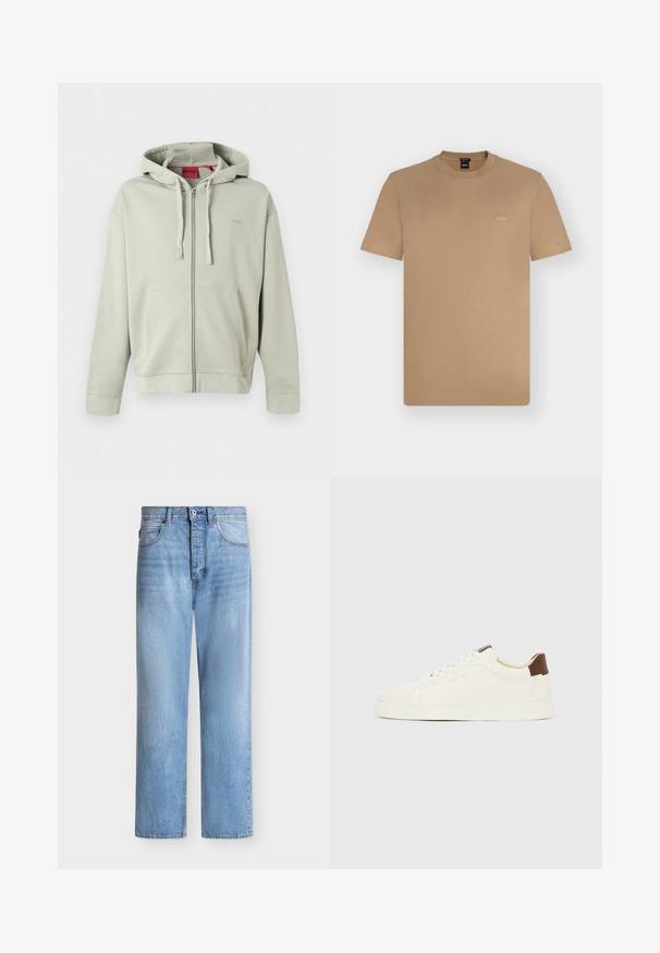 Sweat à capuche zippé gris clair avec poches avant, capuche à cordon, poignets côtelés et logo discret de la marque sur la poitrine.; T-shirt marron clair à manches courtes et col rond avec petit logo blanc "BOSS" sur la poitrine gauche, présenté sur un fond uni clair.; Jean droit en denim bleu clair avec fermeture par bouton et zip, poches avant et arrière, et passants de ceinture à la taille.; Baskets blanches basses avec lacets crème, une languette de talon marron et le logo "GANT" doré sur le côté, présentées de profil sur un fond uni.