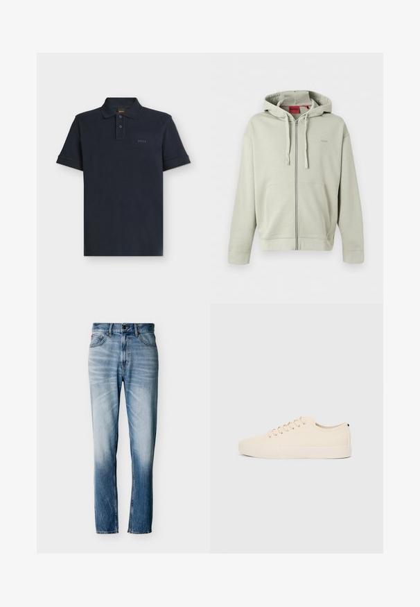 Sweat à capuche zippé gris clair avec poches avant, capuche à cordon, poignets côtelés et logo discret de la marque sur la poitrine.; Polo bleu marine à manches courtes avec patte de boutonnage deux boutons et logo discret "BOSS" sur la poitrine gauche.; Jean bleu délavé à coupe droite avec cinq poches, fermeture par bouton et passants pour ceinture, présenté à plat sur fond blanc.; Baskets en toile beige avec bout arrondi, semelle en caoutchouc plate et lacets à l'avant. Présente un design minimaliste et un accent noir contrastant au niveau du talon.