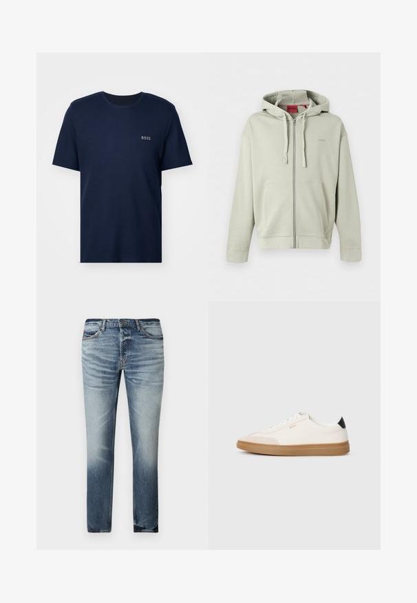 Lichtgrijze zip-up hoodie met zakken aan de voorkant, capuchon met trekkoord, geribbelde manchetten en subtiel merkembleem op de borst.; Marineblauwe t-shirt met korte mouwen van katoen, met een ribbeltextuur en een klein wit "BOSS" logo op de linkerkant van de borst.; Lichtblauwe spijkerbroek met een rechte snit, lichte vervaging en whiskering-effecten, vijf zakken en een veilige knoopsluiting.; Witte sneakers met beige accenten, bovenwerk van glad leer, ronde neus en rubberen gumzool, met een zwarte hieltab en subtiele branding.