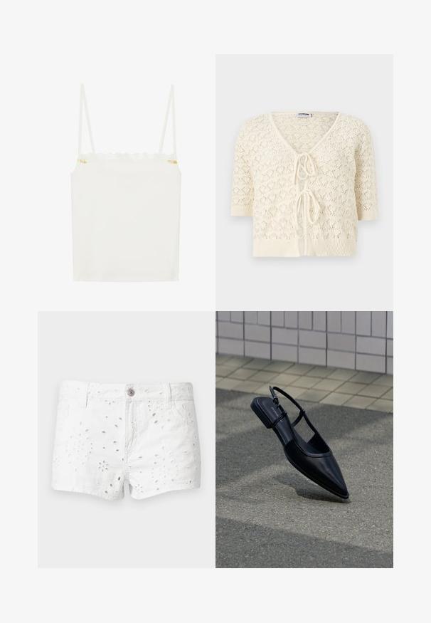 Cardigan en tricot de couleur crème à manches courtes, col en V, ouverture sur le devant et deux nœuds attachés le long du centre.; Débardeur blanc à fines bretelles, avec un décolleté en dentelle festonnée et un petit accent floral sur le côté. Texture lisse, design simple.; Short en coton blanc avec broderie florale à œillets, fermeture à bouton et zip sur le devant, et passants de ceinture sur fond uni.; Chaussure plate noire à bout pointu avec bride arrière, flottant au-dessus d'une surface en bitume à côté d'un trottoir carrelé.