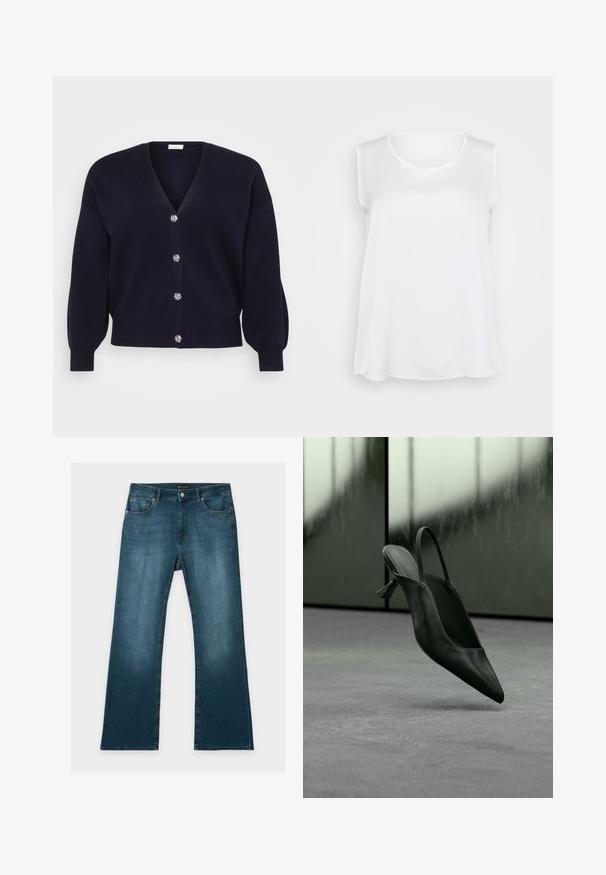 Marineblauer Cardigan aus weichem Stoff mit tiefem V-Ausschnitt, ausgestattet mit sechs dekorativen silbernen Knöpfen und leicht gepufften langen Ärmeln.; Weißes ärmelloses Oberteil mit glatter Textur, V-Ausschnitt und entspannter Passform. Leicht abgerundeter Saum und Seitenschlitze für mehr Bewegungsfreiheit.; Blaue Jeans mit geradem Bein, vorderen und hinteren Taschen, Knopf- und Reißverschluss und dezenten verblassten Details an Oberschenkeln und Knien.; Schwarzer Slingback-Highheel aus Leder mit spitzer Schuhspitze, schwebt über grauem Teppichboden, unscharfer grünlicher Wandhintergrund.