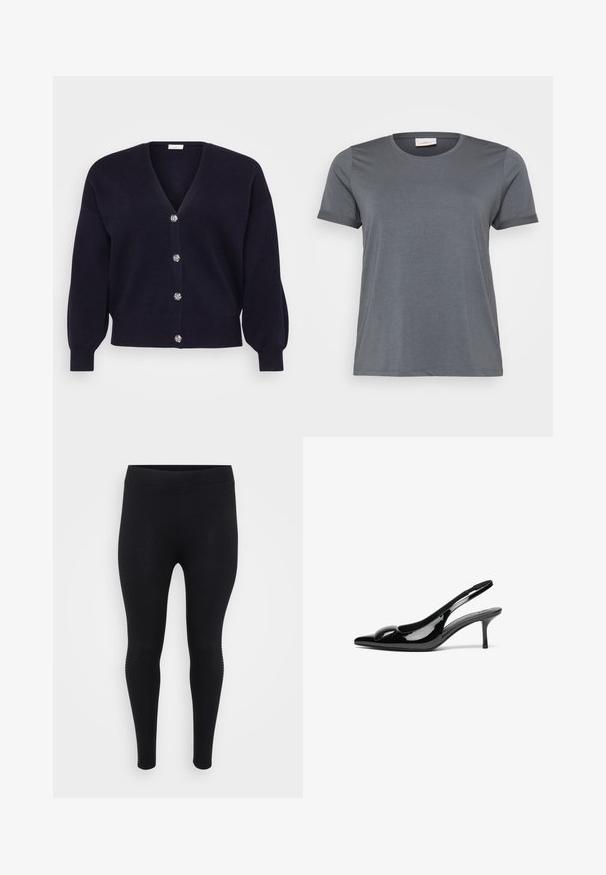 Cárdigan navy de tejido suave con un profundo escote en V, que cuenta con seis botones decorativos plateados y mangas largas ligeramente abullonadas.; Camiseta gris de manga corta hecha de una tela suave, con un clásico escote redondo y mangas enrolladas. Textura lisa sin patrones visibles.; Leggings negros con una textura suave, cintura alta y una forma ajustada. Presentan detalles sutiles en los laterales a lo largo de las costuras.; Tacones slingback de charol negro con punta afilada y acabado brillante. Presentan un tacón delgado y un acento redondeado en el empeine.
