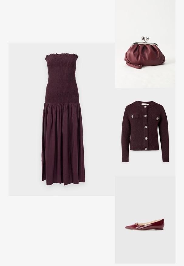 Cardigan tricoté violet foncé à manches longues, avec six boutons décoratifs en cristal sur le devant et deux petites poches poitrine.; Robe sans bretelles de couleur violet foncé avec un corsage smocké, un col à volants et une jupe évasée et froncée. Fabriquée en tissu léger et texturé.; Ballerines en cuir verni bordeaux avec un bout pointu, présentant un petit détail découpé et un petit talon. Texture lisse et design épuré.; Petit sac pochette en cuir bordeaux avec fermoir métallique argenté et bracelet sur fond blanc.