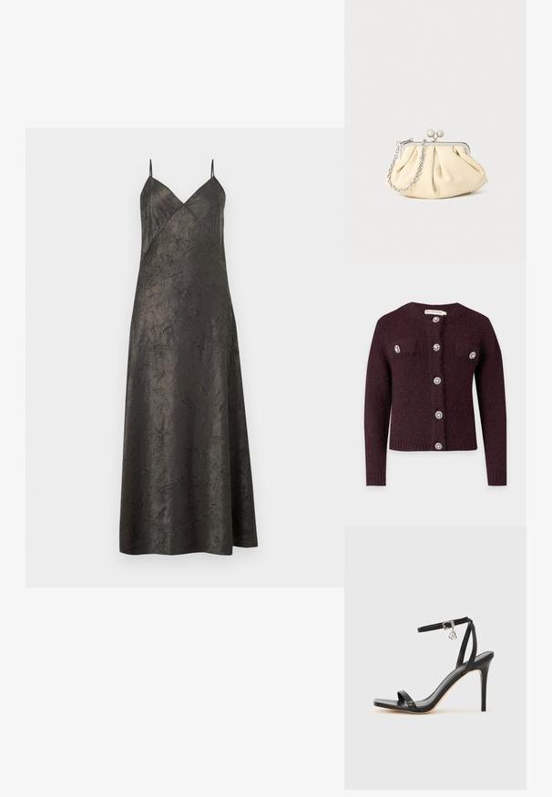 Cardigan tricoté violet foncé à manches longues, avec six boutons décoratifs en cristal sur le devant et deux petites poches poitrine.; Robe maxi en satin noir froissé avec des fines bretelles spaghetti et un décolleté en V avec des panneaux avant superposés.; Sandale à talon haut noire avec une bride étroite à la cheville, bout carré, cuir lisse et accent de boucle métallique.; Pochette en cuir beige plissé avec un cadre en métal argenté, dotée de deux fermoirs ronds décoratifs et d'une chaîne en argent.