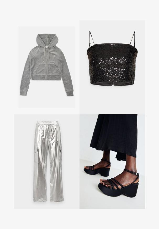 Afskåret grå hættetrøje i blødt stof med lynlås, ribbet kant, to forlommer og snore ved hætten. Diskret logo detalje.; Sort, pailletteret crop top med tynde justerbare stropper, der har en tætsiddende pasform og en lynlås-lukning bagpå. Glat inderside.; MCM METALLIC PANTS - Cargobukser - silver; Sorte kilehæle med flere tynde stropper, justerbar ankelspænde, tekstureret overflade og en afrundet hælform.