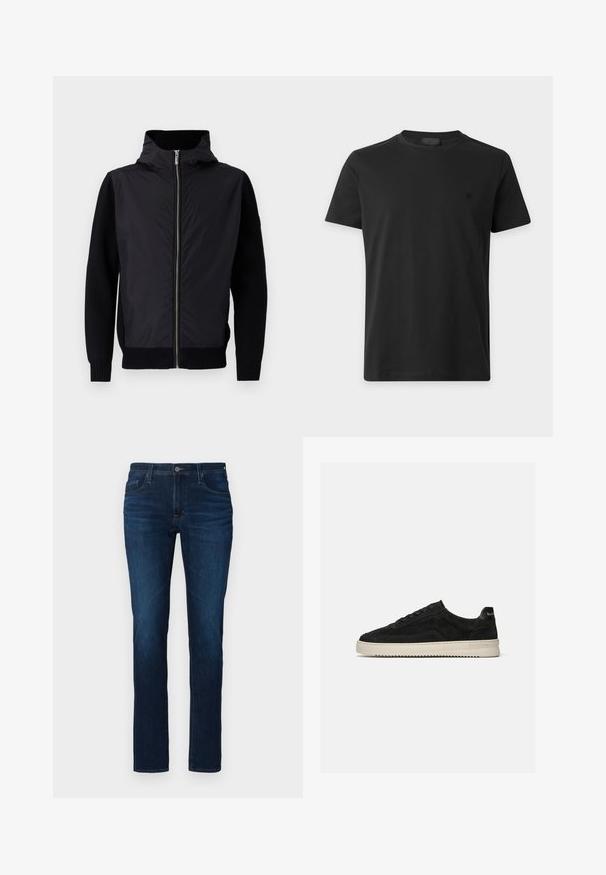 Schwarze Jacke mit einem Reißverschluss vorne, einem hohen Kragen und gemischten Materialien: glatter Oberteil und gerippte Strickärmel sowie -saum.; Schlichtes schwarzes T-Shirt mit kurzen Ärmeln und Rundhalsausschnitt mit kleinem schwarzem Logo auf der linken Brust vor hellgrauem Hintergrund.; Dunkelblaue Jeans aus Denim mit geradem Bein, ausgestattet mit einem standardmäßigen Knopf- und Reißverschluss, fünf Taschen und leichter Ausbleichung.; Schwarzer Wildleder-Low-Top-Sneaker mit schwarzen Schnürsenkeln und weißer Gummisohle, Seitenansicht auf schlichtem hellgrauem Hintergrund.