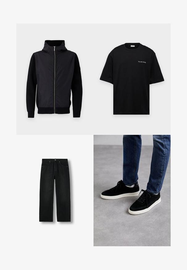Sort jakke med lynlås foran, høj krave og blandede materialer: glat overdel og ribstrikkede ærmer og kant.; Sort bomulds t-shirt med en afslappet pasform, korte ærmer og et hvidt "FILLING PIECES" logo på venstre bryst. Glat tekstur.; Sorte denimjeans med lige ben, fem lommer, knaplukning og bæltestropper, vist fladt på en hvid baggrund.; Sorte ruskind sneakers med en hvid gummisål, der har et klassisk low-top design, rundt tå og flade sorte snørebånd.