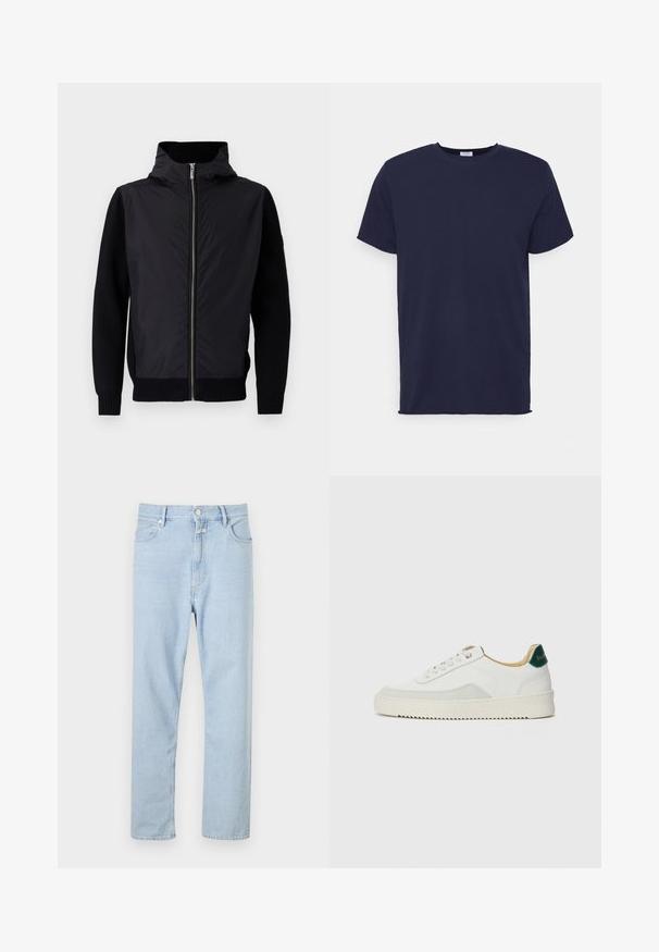 Sort jakke med lynlås foran, høj krave og blandede materialer: glat overdel og ribstrikkede ærmer og kant.; Marineblå kortærmet t-shirt lavet af blødt stof. Har rund halsudskæring og en lige pasform uden mønstre eller accenter.; Lysblå, lige-fit jeans lavet af denim, med knap- og lynlåsåbning, fem lommer og subtilt slid på stoffet.; Hvide sneakers med ruskindsdetaljer, rund tå, flade snørebånd og en cremet gummisål. Har grøn branding på hælen.