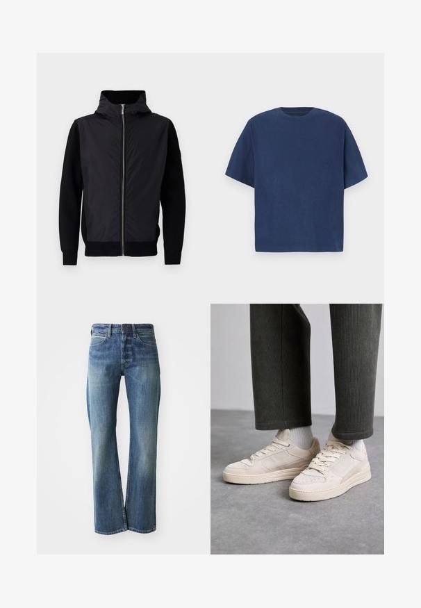 Veste noire avec fermeture éclair à l'avant, col montant et matériaux mixtes : partie supérieure lisse et manches et ourlet en maille côtelée.; T-shirt en coton bleu marine avec manches courtes, col rond et coupe décontractée, avec une texture lisse et sans motifs ni accents visibles.; Jeans en denim de couleur bleu clair à moyen, coupe droite, design classique à cinq poches et décoloration subtile à l'avant.; Baskets beiges en suède et mesh, avec des accents perforés, des lacets plats et une semelle épaisse. Portées avec un pantalon en velours côtelé vert.