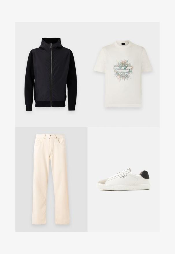 Schwarze Jacke mit einem Reißverschluss vorne, einem hohen Kragen und gemischten Materialien: glatter Oberteil und gerippte Strickärmel sowie -saum.; Weißes T-Shirt mit kurzen Ärmeln und einem bunten, abstrakten Kritzel-Design, das auf der Vorderseite in der Mitte ein stilisiertes Adler-Logo bildet.; Helle beige Denim-Jeans mit geradem Bein, fünf Taschen und einer Knopfverschluss vorne. Nähte sichtbar entlang der Nähte.; Weißer Sneaker mit niedrigem Schaft, beiger Wildlederkappe, schwarzem Fersenlasche, weißen Schnürsenkeln und "ALLSAINTS LONDON"-Logo an der Seite.