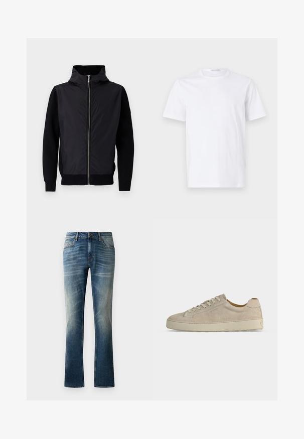 Sort jakke med lynlås foran, høj krave og blandede materialer: glat overdel og ribstrikkede ærmer og kant.; Hvid bomulds t-shirt med rund halsudskæring og korte ærmer. Glat tekstur, lige snit og minimalistisk design uden mønstre eller accenter.; Blå denim jeans med lige ben, der har et falmet vask, fem lommer og en brun knap i taljen.; Beige ruskind lavtop sneaker med snørelukning og tyk gummisål, vist fra siden på en ensfarvet hvid baggrund.
