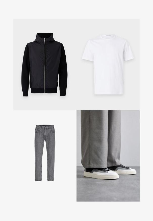 Sort jakke med lynlås foran, høj krave og blandede materialer: glat overdel og ribstrikkede ærmer og kant.; Hvid bomulds t-shirt med rund halsudskæring og korte ærmer. Glat tekstur, lige snit og minimalistisk design uden mønstre eller accenter.; Grå denim jeans med lige snit, fem-lomme design, klassisk knap- og lynlås-lukning, og subtil falmning på stofstrukturen.; Filling Pieces RIVIERA - Sneakers - grey