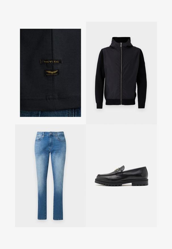 Sort jakke med lynlås foran, høj krave og blandede materialer: glat overdel og ribstrikkede ærmer og kant.; Sort bomulds t-shirt med en glat tekstur. Har to mærker: "TYPE NO: C-46" og "AMERICAN CLASSIC" i gul på mørkt stof.; Blå jeans med lige ben, mellemhøj talje, knap- og lynlås-lukning samt klassisk fem-lomme design.; Sorte læder loafers med en glat finish, rund tå, en dekorativ rem med guldhardware og en robust sort sål.