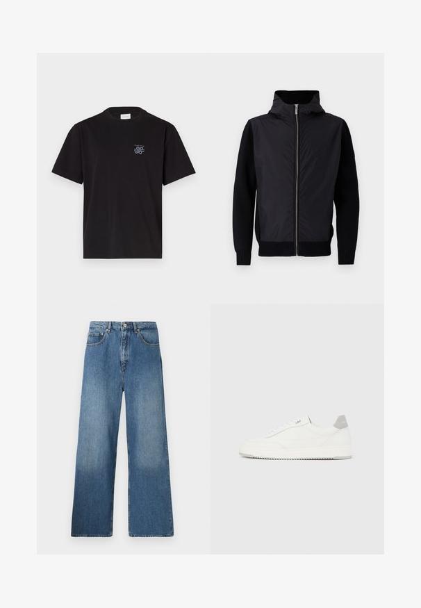 Schwarze Jacke mit einem Reißverschluss vorne, einem hohen Kragen und gemischten Materialien: glatter Oberteil und gerippte Strickärmel sowie -saum.; Schwarzes Baumwoll-T-Shirt mit Rundhalsausschnitt und kurzen Ärmeln. Mit einem kleinen blauen Logo auf der linken Brust. Einfaches, gerade geschnittenes Design.; Breite blaue Denim-Jeans mit klassischem Fünf-Taschen-Design, Knopfverschluss vorne und leichtem Verblassen für Textur.; Weißer Sneaker mit niedrigem Schaft, grauem Fersenlaschen, weißen Schnürsenkeln und einer strukturierten Sohle, dargestellt vor einem schlichten hellen Hintergrund.