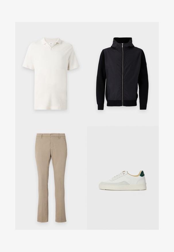 Zwarte jas met een rits aan de voorkant, een hoge kraag en gemengde materialen: gladde bovenkant met geribbelde gebreide mouwen en onderkant.; Korte mouwen polo-shirt in licht crème, met een V-hals, textuurstof en een klassieke pasvorm. Geen zichtbare patronen of accenten.; Beige broek van katoenmix, met een slim fit, recht model, voorzakken en een rits met knoopsluiting.; Witte sneaker met suède accenten, ronde neus, platte veters en een crème rubberen zool. Bevat groene branding op de hiel.