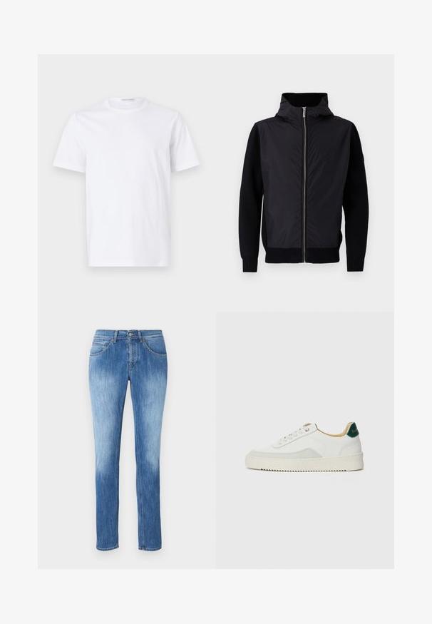 Schwarze Jacke mit einem Reißverschluss vorne, einem hohen Kragen und gemischten Materialien: glatter Oberteil und gerippte Strickärmel sowie -saum.; Weißes Baumwoll-T-Shirt mit rundem Ausschnitt und kurzen Ärmeln. Glatte Textur, gerader Schnitt und minimalistisches Design ohne Muster oder Akzente.; Slim-Fit Blaue Jeans aus Denim, mit mittlerer Waschung, fünf Taschen, Gürtelschlaufen und einem Reißverschluss mit Knopfverschluss.; Weiße Sneaker mit Wildlederelementen, runder Zehenpartie, flachen Schnürsenkeln und einer cremefarbenen Gummisohle. Mit grünen Markenlogo am Fersenbereich.