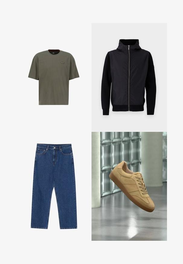 Sort jakke med lynlås foran, høj krave og blandede materialer: glat overdel og ribstrikkede ærmer og kant.; Olivengrøn kortærmet T-shirt lavet af bomuld, med en rund halsudskæring og et lille guldbroderet logo på venstre bryst.; Mørkeblå denim jeans med lige ben, forlommer og en knaplukning med kontraststing hele vejen.; Beige ruskind sneaker med gummisål, snørelukning, svæver indendørs på poleret betongulv nær glasblokvæg.