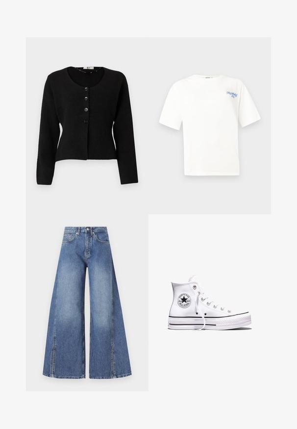 Cárdigan negro de punto con mangas largas, cuello redondo y cinco botones negros en la parte delantera; diseño corto y tejido texturizado.; Camiseta de algodón blanca con mangas cortas, cuello redondo y logo azul "Replay" en el área del pecho izquierdo. Textura suave, ajuste estándar.; Jeans de pierna ancha en azul claro. Fabricados en algodón texturizado, con una cintura alta, bolsillos frontales y costuras laterales distintivas.; Zapatilla Converse Chuck Taylor All Star blanca de caña alta con rayas negras y parche de logo en el lateral, mostrada sobre un fondo blanco liso.