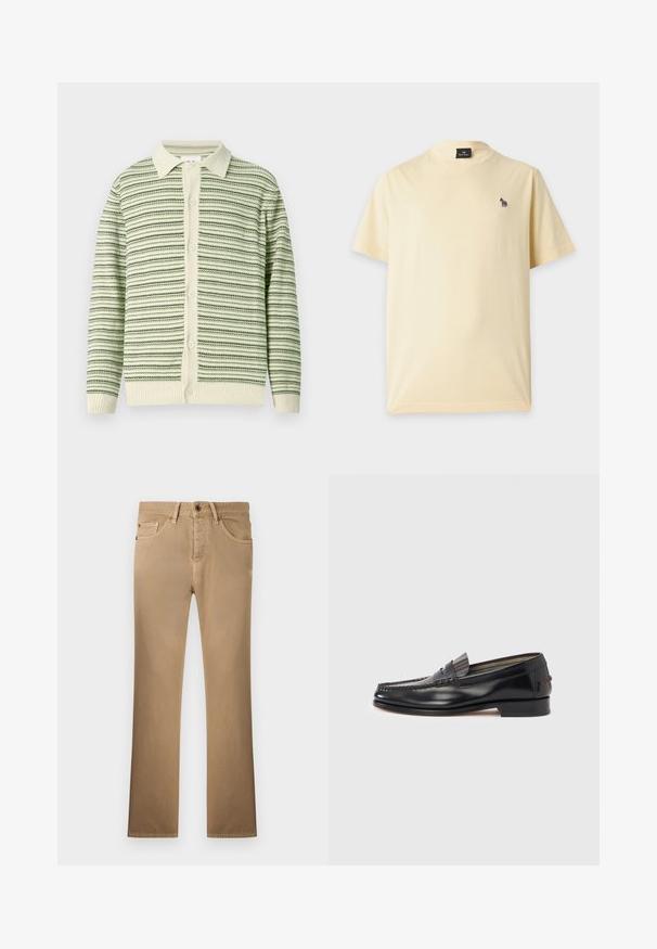 Green and cream striped cardigan with a collared neck, buttoned front, and ribbed cuffs. Textured knit material with alternating patterns.; Light yellow short-sleeve T-shirt with a small multicolor zebra logo on the left chest and a black label inside the collar.; Straight-fit beige trousers with front button, zipper, belt loops, and five-pocket styling on a light background.; Black leather loafers with a moccasin-style design, featuring a decorative band and stitching detail on the upper. Low block heel.
