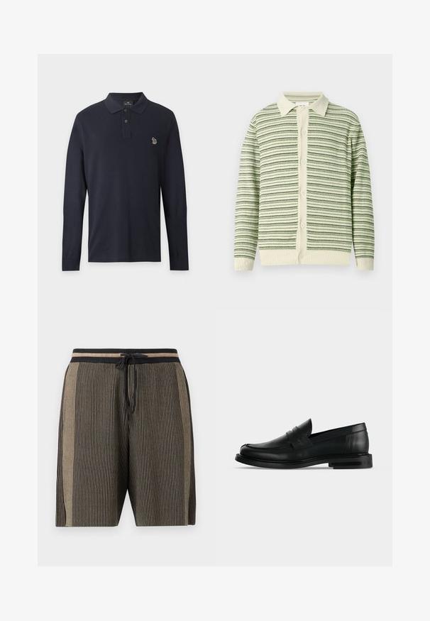 Cardigan rayé vert et crème avec un col à revers, un devant boutonné, et des poignets côtelés. Matière tricotée texturée avec des motifs alternés.; Polo bleu marine à manches longues avec deux boutons et un petit logo zèbre multicolore brodé sur la poitrine gauche.; Shorts en maille mi-longueur avec des rayures verticales noires et beiges, taille élastique et lien de serrage noir à l'avant.; Mocassin penny pour homme en cuir noir avec talon bas empilé et bout arrondi, vu de profil sur fond gris clair.