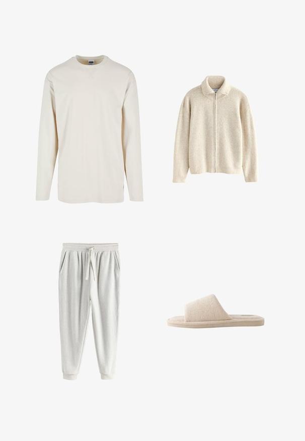 Next REGULAR FIT - Chaqueta de punto - neutral; Camiseta de manga larga en color crema, confeccionada en suave algodón, con un escote redondo y aberturas laterales para mayor comodidad. Diseño minimalista, textura lisa.; Pantalones jogger de forro polar gris claro con cintura elástica, cordón, bolsillos laterales y tobillos con puños.; Zapatilla beige de tela suave, con puntera abierta, suela gruesa y una amplia tira en la parte superior para uso en interiores.