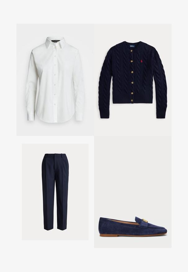 Marineblauer, kabelgestrickter Cardigan mit sechs Knöpfen und rotem, gesticktem Polo Ralph Lauren-Logo auf der linken Brust.; Weißes langärmliges Hemd aus Baumwolle mit Knopfleiste. Verfügt über einen klassischen Kragen, sieben Knöpfe und ein dezentes, auf die Brust gesticktes Logo.; Marineblaue, maßgeschneiderte Hose mit geradem Bein, glatter Textur, vorne mit Falten und Gürtelschlaufen. Keine sichtbaren Taschen.; Navy-Suede-Slipper mit schlanker Silhouette, ausgestattet mit einem goldfarbenen Hardware-Detail auf dem Vorderblatt und einer flachen Gummisohle.