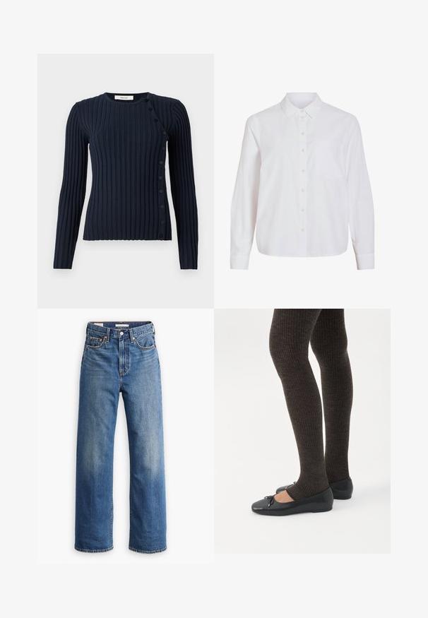 Marineblå rillestrikket langærmet sweater med rund halsudskæring og knaplukning på venstre side. Fremstillet af et blødt strikket materiale.; Hvid skjorte med lange ærmer, knapper foran, klassisk krave, enkelt brystlomme, lavet af glat, let stof med løs pasform.; Lyseblå denimjeans med høj talje, bred benstil, klassisk fem-lomme design og subtil falmning på stoffet.; Ben iført mørke ribbede leggings kombineret med sorte balletsko med små sløjfedetaljer på hvid baggrund.