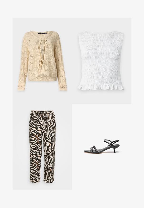 Haut beige en crochet à manches longues avec deux liens à l'avant et motif floral ajouré, présenté sur un fond clair uni.; Haut blanc sans manches à smocks avec texture élastique froncée et ourlet à volants, conçu pour une silhouette ajustée et extensible.; Pantalons à cordon de serrage en tissu léger, présentant un motif zèbre noir et blanc avec des accents marron. Coupe décontractée et longueur crop.; Sandale en cuir noir au design épuré et minimaliste. Dotée de deux fines lanières et d'un petit talon incliné. Texture lisse et bout ouvert.