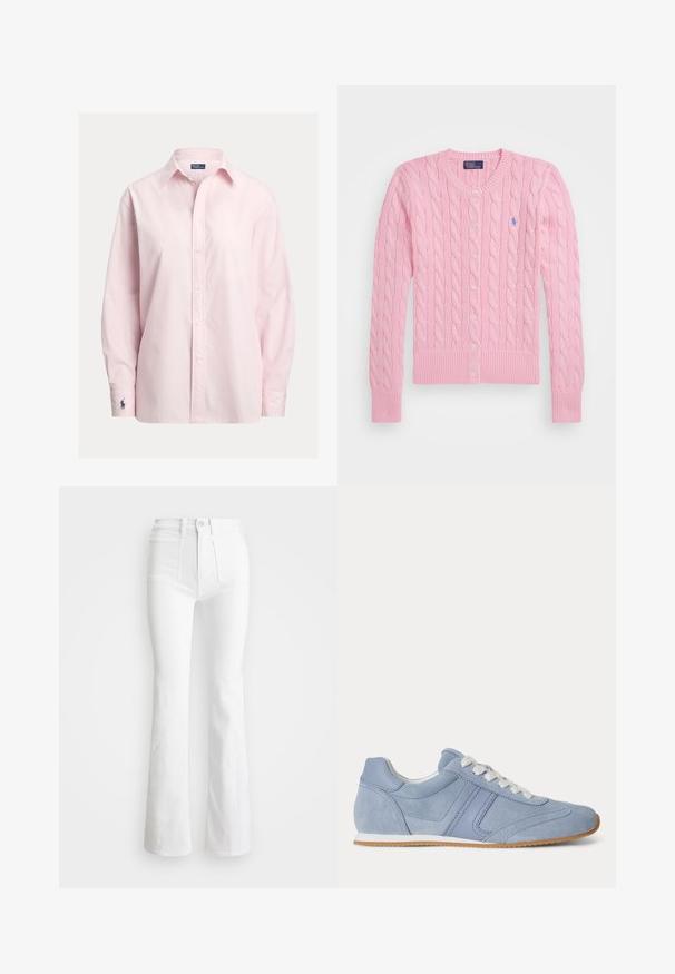 Svetloružový pletený sveter s dlhými rukávmi, zapínaný na gombíky, s rebrovanými manžetami a spodným lemom a malým modrým logom Polo Ralph Lauren na hrudi.; Svetloružová košeľa na zapínanie z hladkej bavlnenej zmesi s klasickým golierom, dlhými rukávmi a malým vyšívaným logom na manžete.; Biele rozšírené džínsy s vysokým pásom, vyrobené z denimu. Obsahujú dve predné vrecká a roztrhnuté okraje na spodnej časti. Čistý dizajn bez viditeľných kovových prvkov.; Svetlomodrá semišová teniska s bielymi šnúrkami a gumovou podrážkou zobrazená z boku na bielom pozadí.