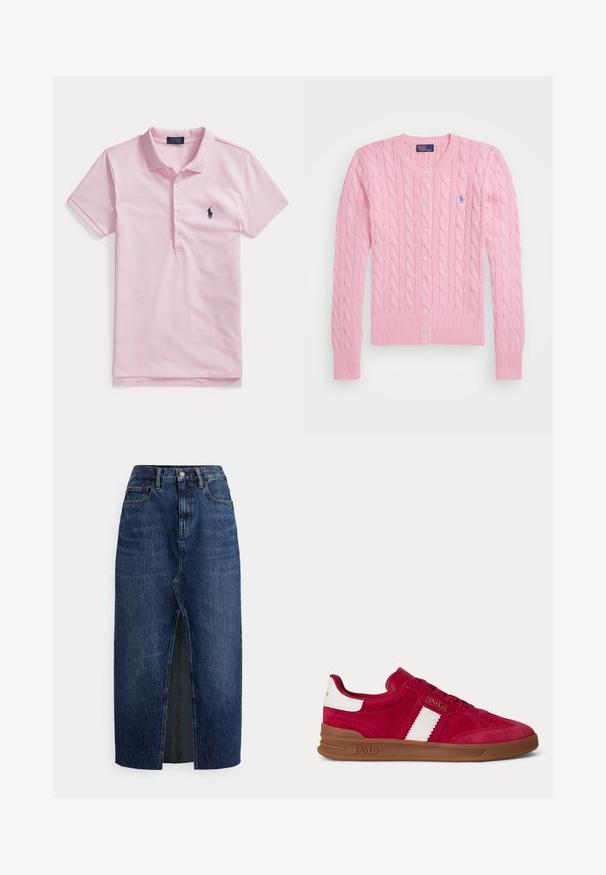 Cárdigan de punto con trenzado en rosa claro, manga larga, cierre con botones, puños y dobladillo acanalados, y un pequeño logo azul de Polo Ralph Lauren en el pecho.; Polo de manga corta color rosa claro con cuello, cuatro botones y un pequeño logo bordado de color azul oscuro en el pecho izquierdo.; Falda midi de mezclilla azul oscuro con abertura frontal, trabillas para cinturón, cierre de botones y bolsillos delanteros, mostrada sobre un fondo blanco.; Zapatilla deportiva de ante roja con raya blanca y parche en el talón, suela de goma marrón, logo de Polo en el lateral y la parte trasera, vista desde el lado izquierdo.