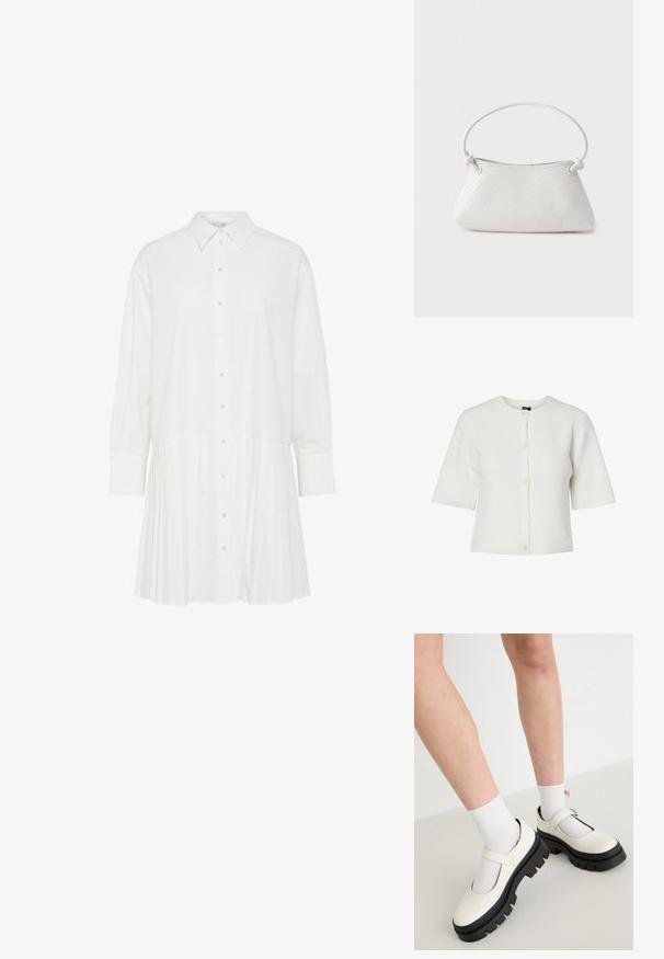 Cardigan blanc à manches courtes avec un col rond, texture côtelée et fermeture à cinq boutons ; tissu doux avec une coupe décontractée.; Robe blanche à col, manches longues, boutonnière sur le devant et section inférieure plissée. Fabriquée en tissu lisse.; Des chaussures Mary Jane en cuir verni blanc avec une semelle noire épaisse, comportant une sangle sur le cou-de-pied et portées avec des chaussettes blanches.; Sac à main en cuir tressé blanc avec poignée arrondie et extrémités de lanière nouées, présenté sur un fond uni.