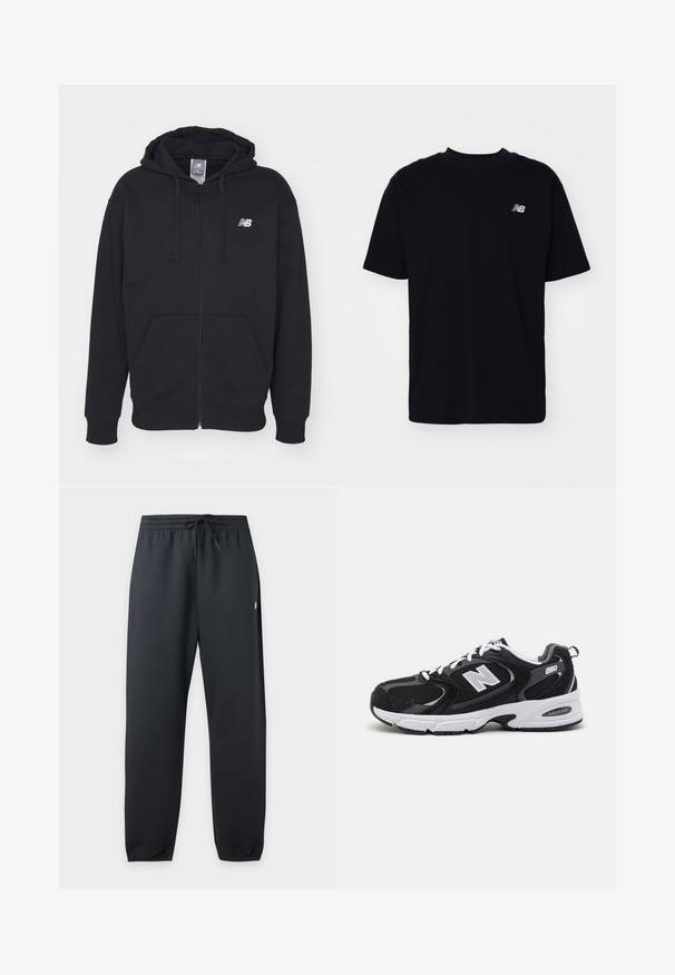 Zwarte rits hoodie met voorzakken, trekkoord capuchon en wit New Balance-logo op de borst.; Zwarte katoenen t-shirt met een ronde hals, korte mouwen en een klein reliëflogo op de linkerborst. Klassieke pasvorm en een soepele textuur.; Zwarte sweatpants met elastische taille en aantrekkoord en met boordjes bij de enkels, getoond tegen een effen lichte achtergrond.; Zwarte en grijze sport schoenen met een bovenwerk van mesh en suede, voorzien van een witte tussenzool, veters en een gedurfde "N"-logo aan de zijkant.