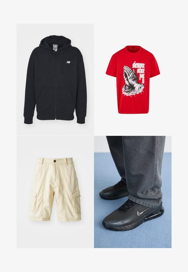 Sort zip-up hættetrøje med frontlommer, snøre i hætten og hvidt New Balance-logo på brystet.; Rød T-shirt med sorte og hvide bedende hænder indhyllet i en tornekrone og hvid gotisk tekst, der siger "jeg vil altid bede for dig".; Knælang cargo shorts i lysebeige stof med knaplukning, to store sidelommer og synlige stiksyninger.; Sorte Nike træningssko med en struktureret overdel, perforerede detaljer og en synlig luftdæmpningsenhed, parret med grå bukser.