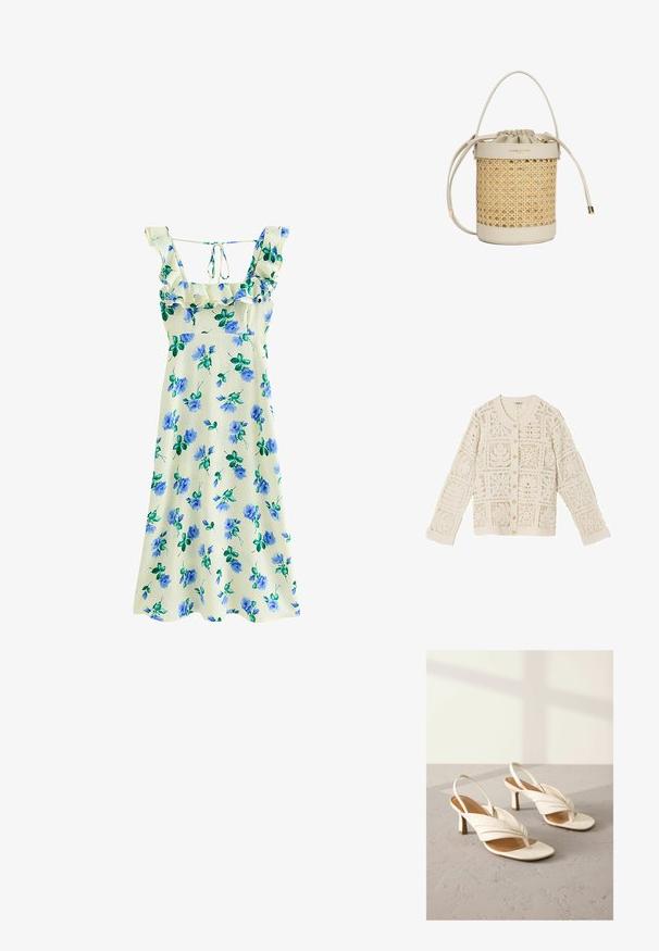 Cardigan en maille crochet de couleur crème avec manches longues, devant boutonné, et motif en dentelle complexe à carrés.; Robe midi sans manches couleur crème avec imprimé floral bleu, encolure carrée à volants et détail noué dans le dos.; Talons slingback en cuir blanc avec un design avant torsadé, bout ouvert, et un talon bloc de hauteur moyenne. Texture lisse et accents minimaux.; Sac seau rond en osier tressé naturel avec une base en cuir beige et une fermeture à cordon. Accents en métal doré.