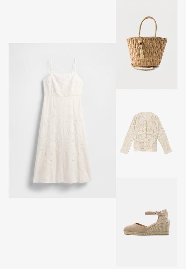 Cárdigan de punto de ganchillo color crema, con mangas largas, cierre frontal con botones y diseño intrincado de encaje con patrón cuadrado.; Vestido blanco hasta la rodilla con tirantes finos, bordado floral y detalles recortados. Confeccionado con tela ligera y una silueta fluida.; Zapato de cuña de esparto beige con parte superior de tela, tira en el tobillo y suela de yute trenzado. El tacón presenta un panel de acento texturizado.; Bolso tote de paja tejido con asas redondeadas, patrón cuadrado y dos borlas colgantes con cuentas de madera sobre un fondo liso.