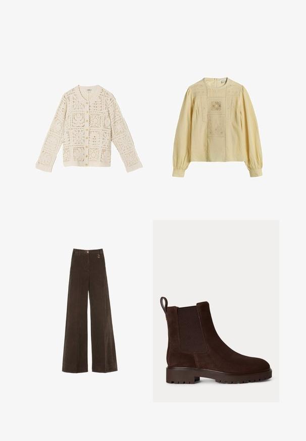 Flødefarvet hækle-strikket cardigan med lange ærmer, knaplukning foran og indviklet firkantet blondermønster.; Beige bluse med lange ærmer og rund hals, med indviklet blomsterbroderi og plisserede detaljer foran samt puffede ærmer.; Brune, vide corduroy bukser med høj talje, der har en gylden knap og en dekorativ ringdetalje. Textureret, blødt stof med lodrette striber.; Mørkebrun ruskind Chelsea-støvle med elastiske sidepaneler, chunky sål med groft mønster og trækflig bagpå.