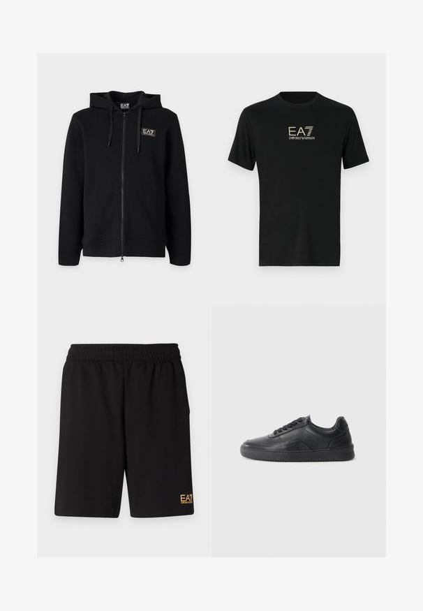 Zwarte hoodie met volledige ritssluiting en trekkoorden, met een klein rechthoekig EA7 Emporio Armani-logo op de linkerborst.; Zwarte t-shirt van soepel katoen met korte mouwen, met een contrasterend goudkleurig EA7 en Emporio Armani-logo op de voorkant.; Zwarte sportshorts van zacht materiaal, met een elastische tailleband en een klein geel EA7-logo op de onderste linkeronderbroek.; Zwarte leren sneaker met een gladde afwerking, ronde neus, textuurpaneel aan de zijkant en zwarte veters. Voorzien van een platte rubberen zool en een minimalistisch ontwerp.