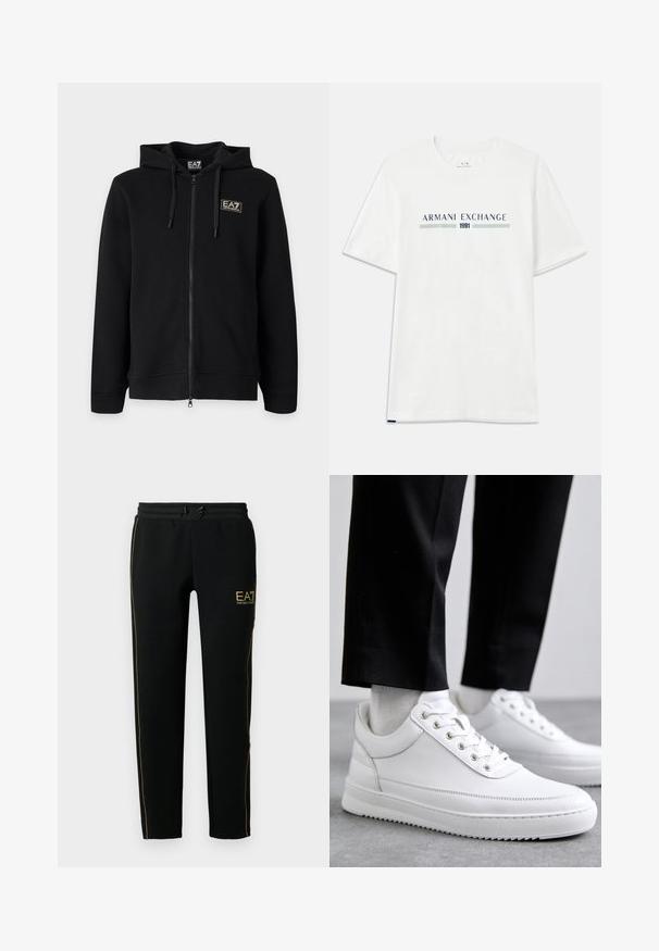 Must kapuutsiga lukuga dressipluus paeltega ja vasakul rinnal väikese ristkülikukujulise EA7 Emporio Armani logoga.; Valge puuvillane T-särk lühikeste varrukatega, millel on sinine ja roheline "ARMANI EXCHANGE" logo ning all keskpunktis "1991".; Mustad mustadest spordipükstest, millel on kitsenev disain, elastne vöökoht koos paelaga ning kuldsed aktsenttriibud külgedel ja logo.; Valged nahast tennisetossud, millel on lame kummist tallapool, sile viimistlus, ümar varvas ja metallist silmadega paelte jaoks. Kantud mustade pükstega.