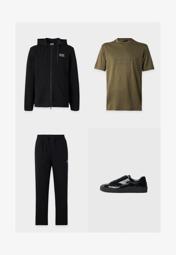 Sweat à capuche noir zippé intégral avec cordons et petit logo rectangulaire EA7 Emporio Armani sur la poitrine gauche.; T-shirt vert olive à manches courtes et col rond avec un logo ovale embossé discret au centre devant.; Pantalon de jogging noir avec taille élastique et cordon, jambes droites, avec un petit logo blanc sur la partie supérieure de la cuisse gauche.; Baskets en cuir verni noir avec un bout arrondi, un laçage, une semelle en caoutchouc texturé et une finition lisse.