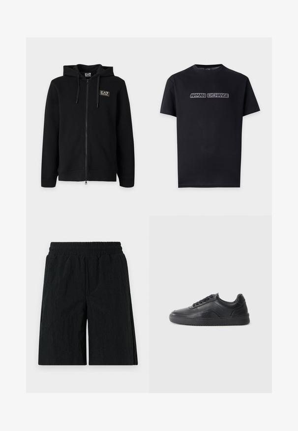Sort hættetrøje med fuld lynlås med snore og et lille rektangulært EA7 Emporio Armani-logo på venstre bryst.; Sort T-shirt med korte ærmer og rund hals med "ARMANI EXCHANGE" broderet i gråt over brystet.; Sorte shorts med elastisk talje, udstyret med et struktureret stof, knælangt design og sidelommer.; Sorte lædersneakers med en glat finish, rund tå, struktureret sidelæder og sorte snørebånd. Har en flad gummisål og et minimalistisk design.